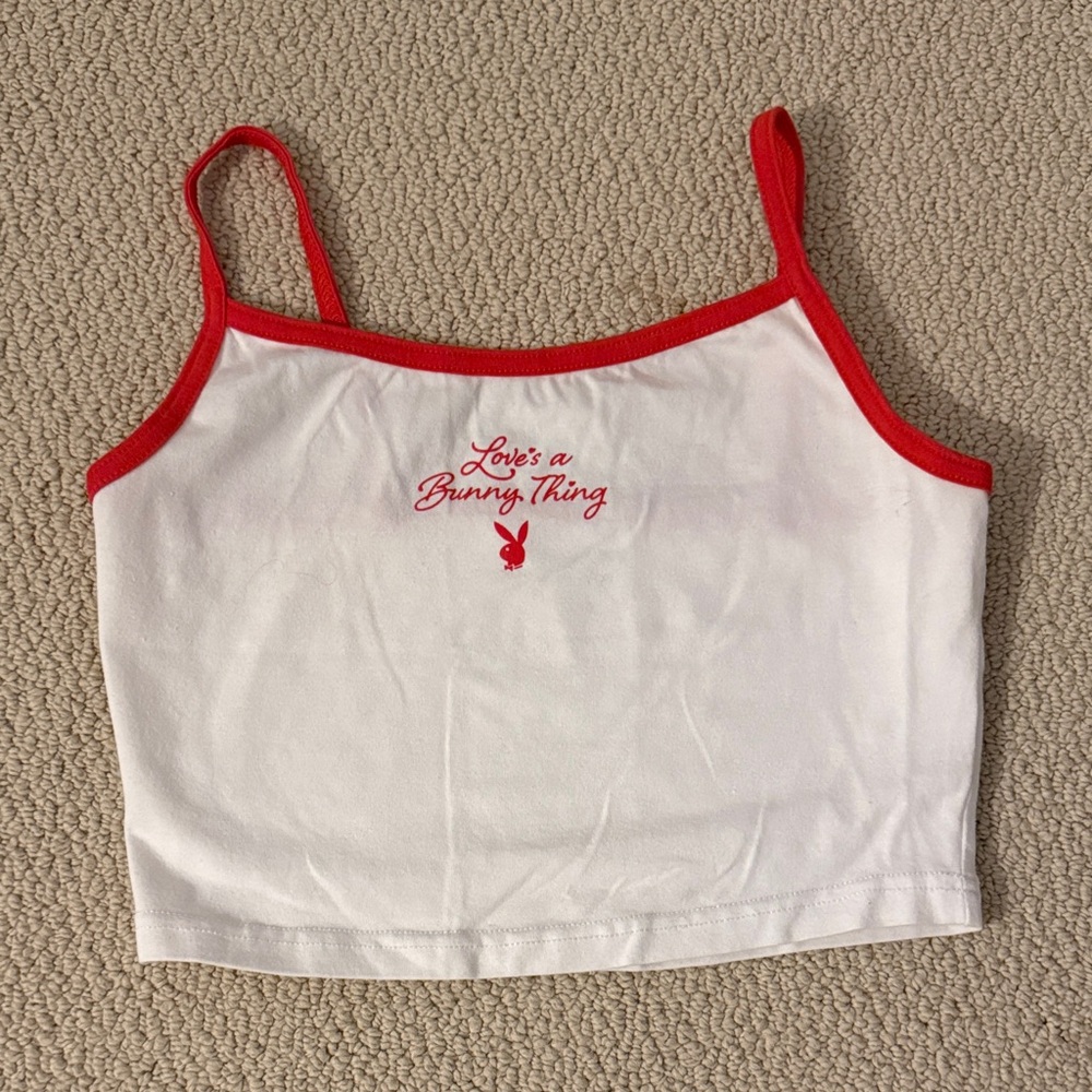 Pacsun Playboy White and Red Bunny Cropped Tank Top